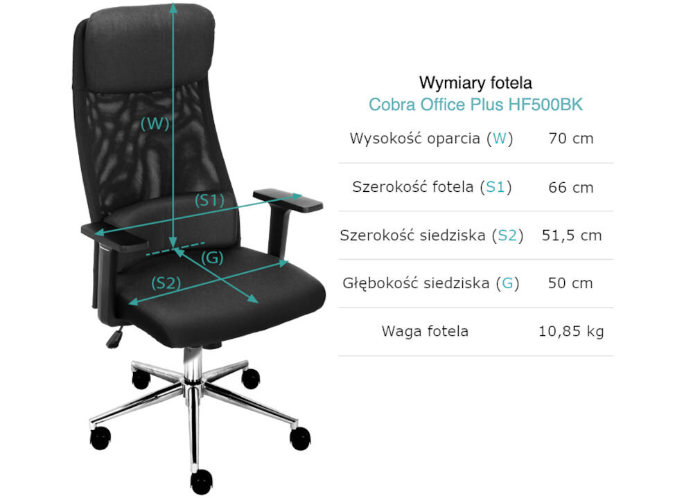 Fotel COBRA Office Plus HF500BK Czarny prezentacja fotela od przodu pod kątem z wymiarami na białym tle regulowana wysokość wygoda codziennego użytkowania wsparcie pleców