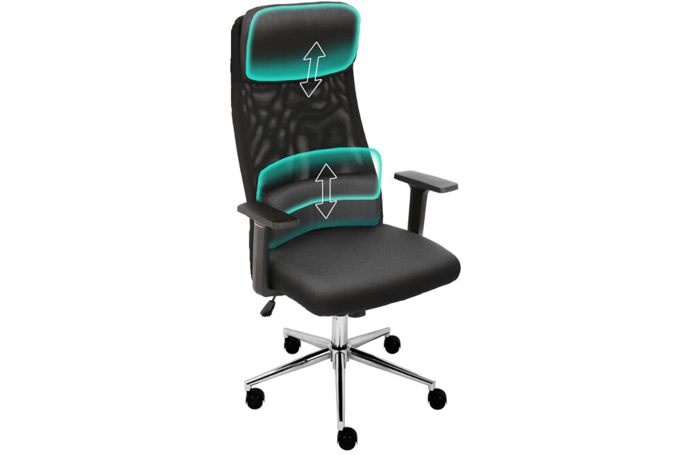 Fotel COBRA Office Plus HF500BK Czarny prezentacja fotela od przodu pod kątem pokazana możliwa regulacja na białym tle regulowany zagłówek podparcie lędźwi wysokość wygodna pozycja