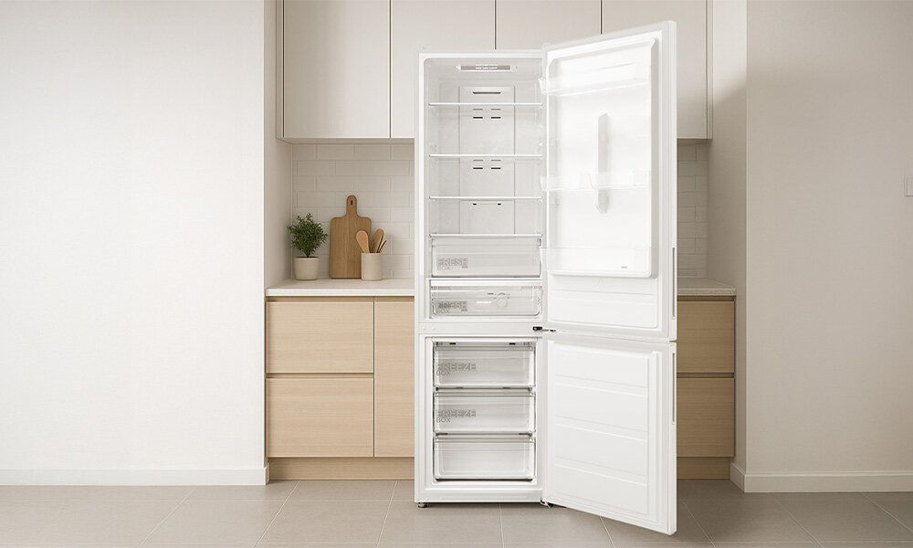 LODÓWKA MIDEA MDRB489FGE01O lifestyle wizualizacja kuchnia front otwarta puste wnętrze półki szuflady alarm dźwiękowy otwarte drzwi ochrona żywności wzrost temperatury automatyczne uruchomienie 2 minuty przypomnienie domknięcie wygodne rozwiązanie oszczędność energii optymalne warunki przechowywaniaSygnał dźwiękowy