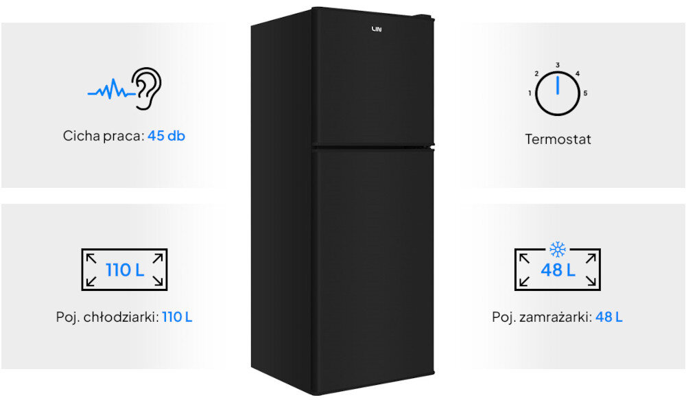 LODÓWKA LIN LI-BCD-158 CZARNA lodówka front zamknięta pojemność termostat poziom głośności Prosta obsługa i niezawodność Ręczne odmrażanie cicha praca 45 dB Regulowane nóżki