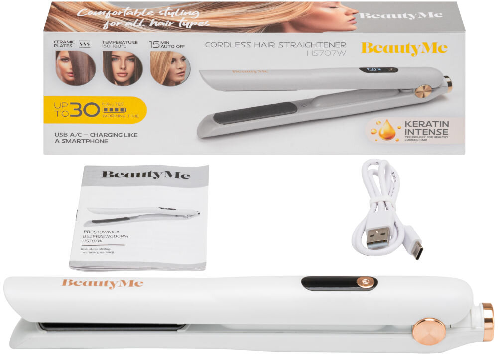 Prostownica bezprzewodowa BEAUTYME HS707W Biały 180 stopni przewód USB-A do USB-C instrukcja obsługi z warunkami gwarancji