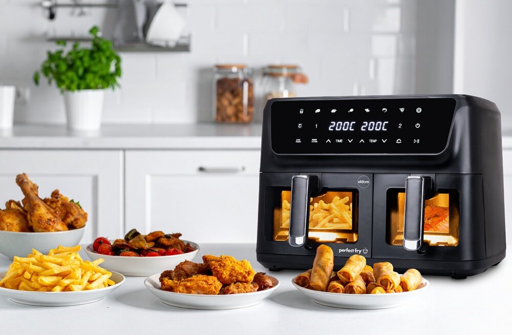 Air Fryer Frytkownica beztłuszczowa ELDOM FR220 Dualo 11l z podwójnym koszem i okienkiem do obserwacji postępów gotowania kv początek opisu
