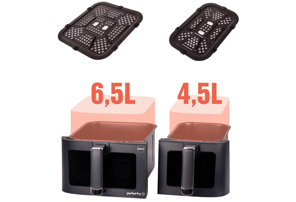 Air Fryer Frytkownica beztłuszczowa ELDOM FR220 Dualo 11l z podwójnym koszem i okienkiem do obserwacji postępów gotowania dwie niezależne szuflady, dwa dania w jednym czasie, możliwość gotowania bez mieszania smaków, wygodne rozwiązanie