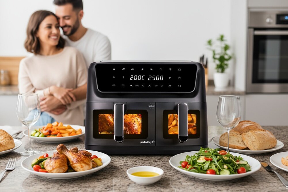 Air Fryer Frytkownica beztłuszczowa ELDOM FR220 Dualo 11l z podwójnym koszem i okienkiem do obserwacji postępów gotowania do większych porcji, duże kosze, pieczenie większych porcji, kompaktowe wymiary, wygoda w każdej kuchni