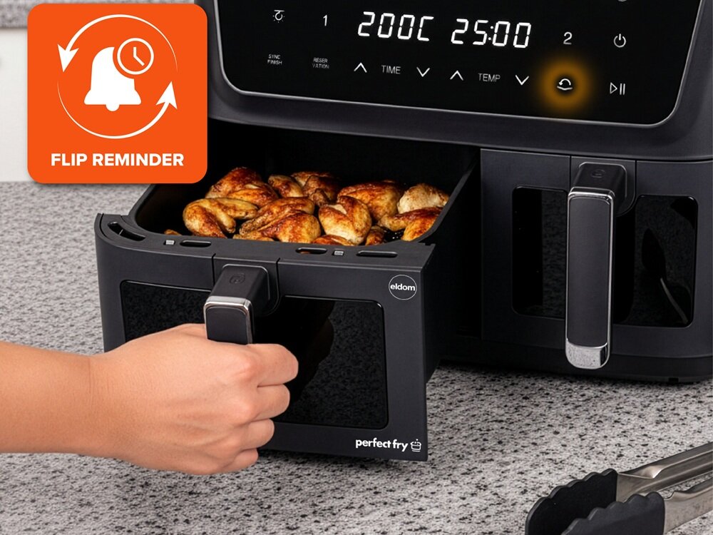 Air Fryer Frytkownica beztłuszczowa ELDOM FR220 Dualo 11l z podwójnym koszem i okienkiem do obserwacji postępów gotowania funkcja synchronizaqcji szuflad, dwie potrawy jednocześnhie, flip reminder, równomierne pieczenie, wbudowany timer, pełna swoboda