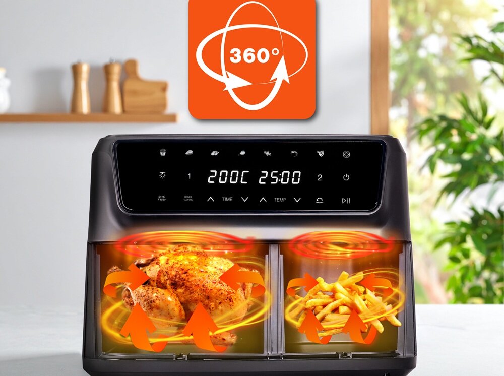 Air Fryer Frytkownica beztłuszczowa ELDOM FR220 Dualo 11l z podwójnym koszem i okienkiem do obserwacji postępów gotowania szybkie nagrzewanie, stabilne utrzymanie ciepła, równomierne pieczenie, dotykowy panel