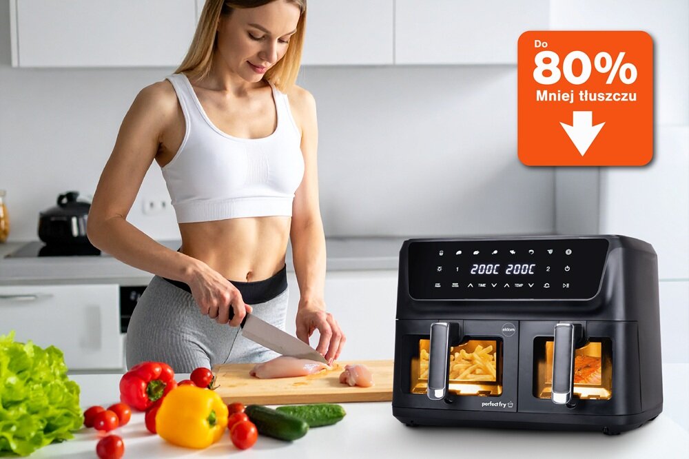 Air Fryer Frytkownica beztłuszczowa ELDOM FR220 Dualo 11l z podwójnym koszem i okienkiem do obserwacji postępów gotowania cyrkulacja gorącego powietrza, mniejsza ilość tłuszczu, zachowuje smak i strukturę