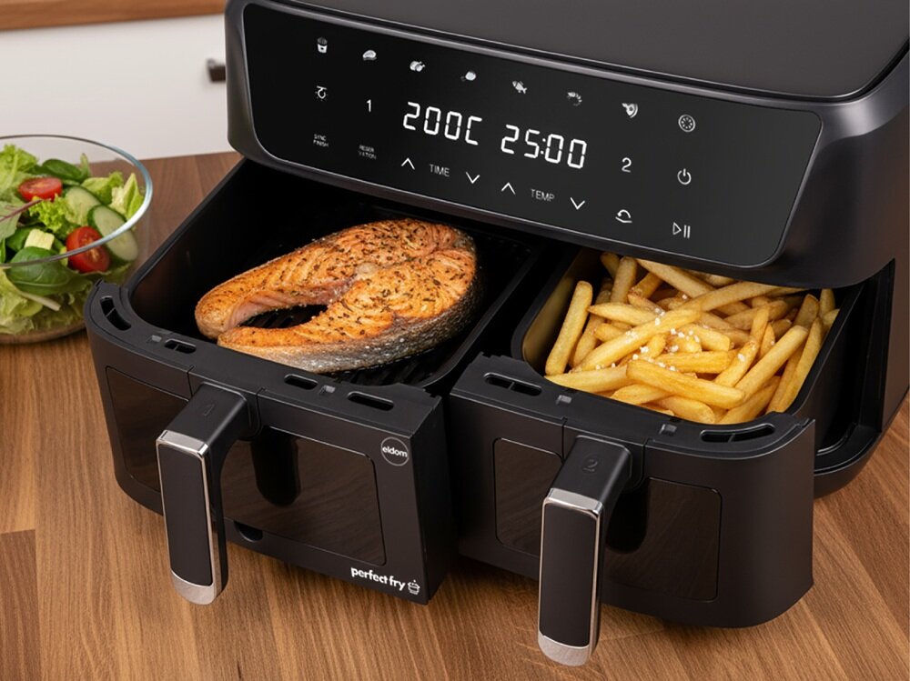 Air Fryer Frytkownica beztłuszczowa ELDOM FR220 Dualo 11l z podwójnym koszem i okienkiem do obserwacji postępów gotowania nienagrzewające się uchwyty, zabezpieczenie przed przegrzaniem, automatyczny wyłącznik, komfort i bezpieczeństwo