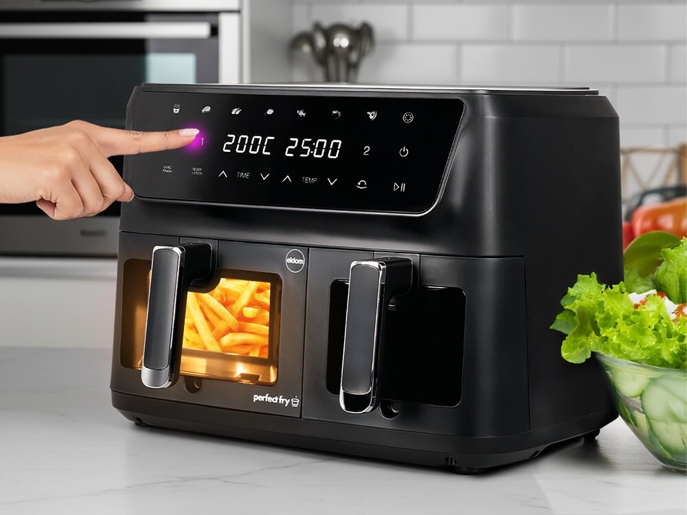 Air Fryer Frytkownica beztłuszczowa ELDOM FR220 Dualo 11l z podwójnym koszem i okienkiem do obserwacji postępów gotowania dwie szuflady, dwa ruszty, gotowy od razu do uzycia
