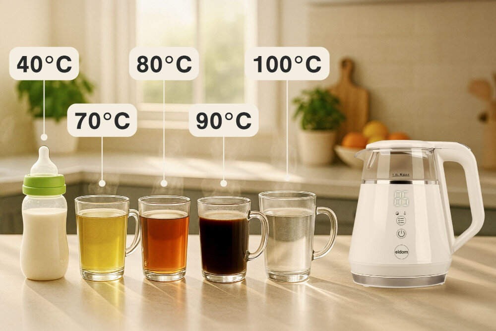 Czajnik ELDOM C505 Jitty z regulacją temperatury zdjęcie lifestyle Regulacja temperatury zakres do herbaty zielonej, czarnej, ziołowej czy kawy rozpuszczalnej
