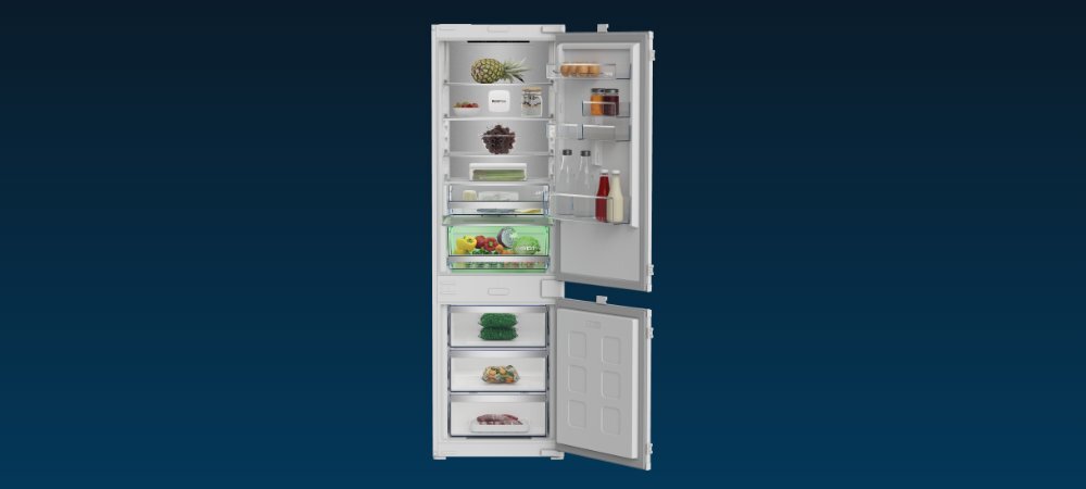 LODÓWKA BEKO B7BCNA295HS2 wizualizacja lodówka otwarta wnętrze półki szuflady produkty Funkcjonalność na co dzień Oświetlenie LED szklane półki hartowane Wyświetlacz elektroniczny testy