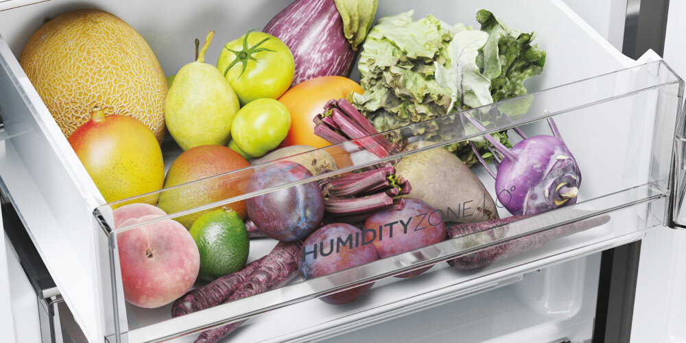 LODÓWKA HAIER HTW7620ANMG3D Humidity Zone zachowanie świeżości smaku wartości odżywczych HCS Humidity Control System membrana włókna roślinne zachowanie wilgotności 90%