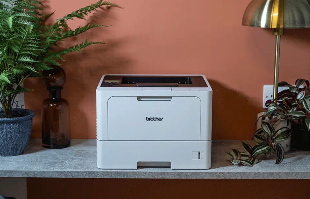 Drukarka BROTHER HL-L5210DW drukarka stojąca na blacie przodem, po lewej stronie stoi roślina w doniczce, po prawej lampka wygląd opis