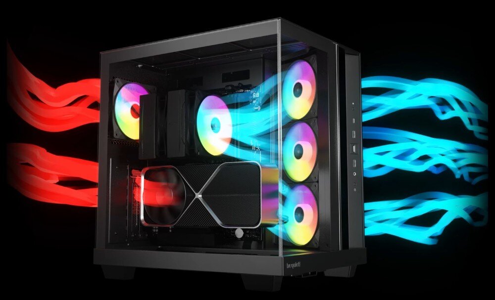 Obudowa BE QUIET! Light Base 500 LX Schemat przepływu powietrza w obudowie komputerowej z podświetlanymi wentylatorami RGB, przedstawiający wlot zimnego powietrza z przodu i wylot ciepłego z tyłu, wentylacja, cechy