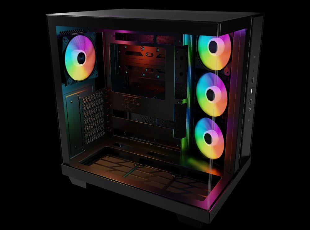 Obudowa BE QUIET! Light Base 500 LX Pusta obudowa komputera z zamontowanymi czterema wentylatorami RGB, widok z boku przez przezroczysty panel, wentylatory, podświetlenie