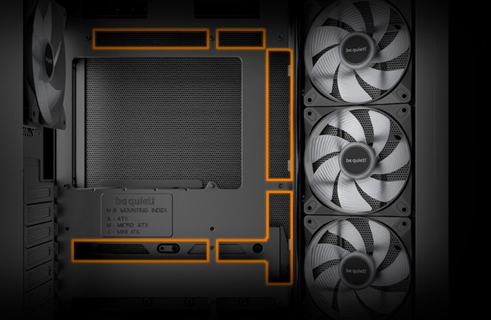 Obudowa BE QUIET! Light Base 500 LX Widok wnętrza obudowy z podświetlonymi wentylatorami, z zaznaczonymi pomarańczowymi liniami miejscami montażu płyty głównej i innych komponentów, porządek, wygląd