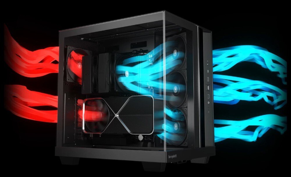 Obudowa BE QUIET! Light Base 500 Wizualizacja przepływu powietrza wewnątrz obudowy komputerowej z zaznaczonymi kolorowymi strzałkami symbolizującymi wlot zimnego i wylot ciepłego powietrza