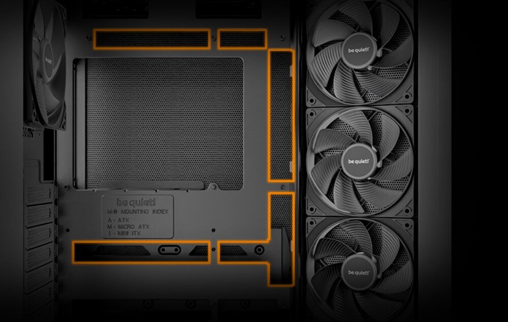 Obudowa BE QUIET! Light Base 500 Wnętrze obudowy komputerowej z trzema wentylatorami z boku i zaznaczonymi pomarańczowymi liniami konturami kanałów powietrznych i mocowań