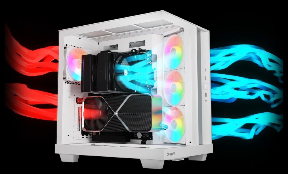 Obudowa BE QUIET! Light Base 500 LX Schemat przepływu powietrza w obudowie komputerowej z podświetlanymi wentylatorami RGB, przedstawiający wlot zimnego powietrza z przodu i wylot ciepłego z tyłu, wentylacja, cechy