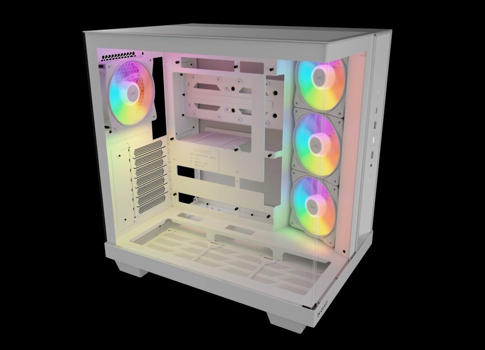 Obudowa BE QUIET! Light Base 500 LX Pusta obudowa komputera z zamontowanymi czterema wentylatorami RGB, widok z boku przez przezroczysty panel, wentylatory, podświetlenie