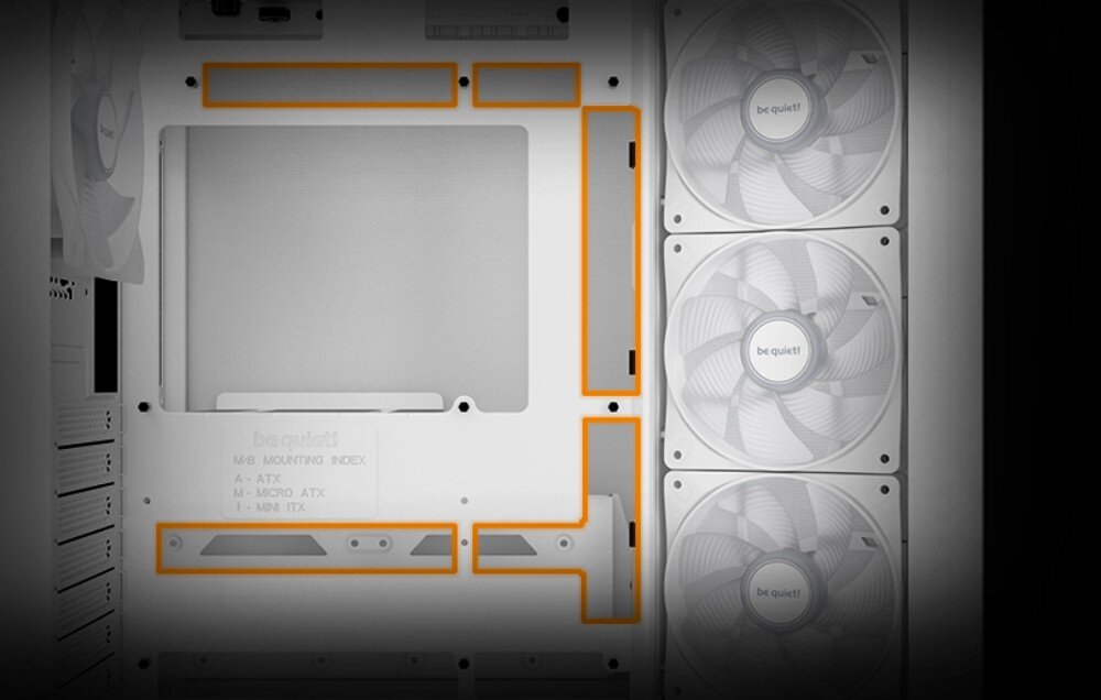 Obudowa BE QUIET! Light Base 500 LX Widok wnętrza obudowy z podświetlonymi wentylatorami, z zaznaczonymi pomarańczowymi liniami miejscami montażu płyty głównej i innych komponentów, porządek, wygląd