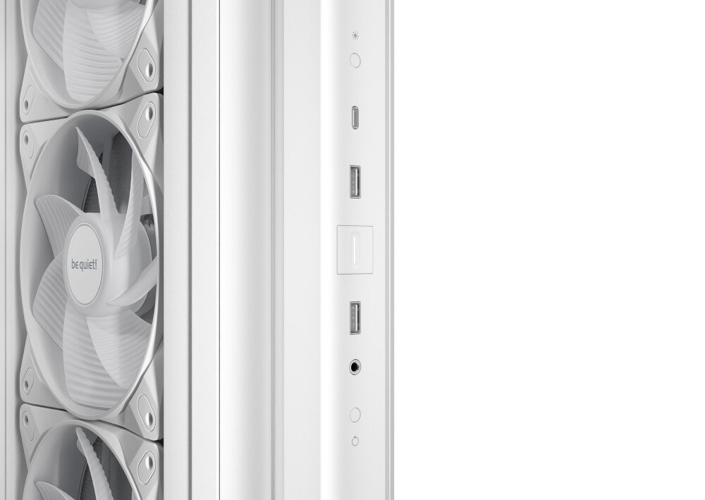 Obudowa BE QUIET! Light Base 500 LX Zbliżenie panelu przedniego obudowy z widocznymi wentylatorami RGB oraz złączami USB, gniazdem audio i przyciskiem zasilania, porty, podłączenie