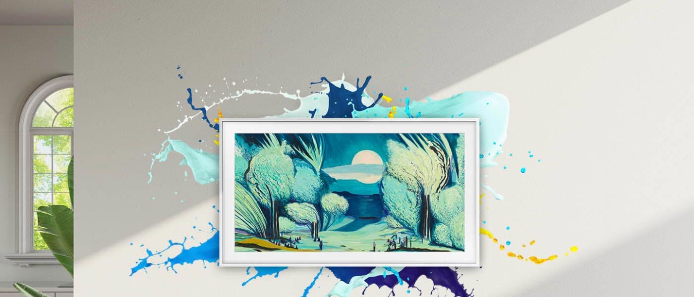 header dt 1400x600 pc Zdjęcie na wprost pokazujące telewizor Samsung The Frame (2025) z grafiką farby w tle. Telewizor dostępny w sklepach Media Expert