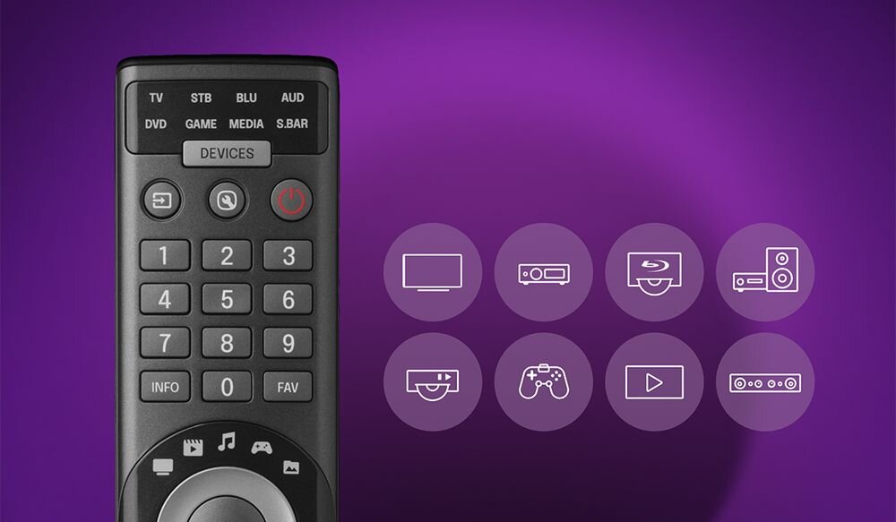 ONE FOR ALL Smart Control Pro 8 URC7981 pilot do 8 urządzeń telewizor dekoder soundbar streamer Blu-ray konsola, Pilot URC7981 obsługujący do 8 urządzeń audio-wideo jednocześnie
