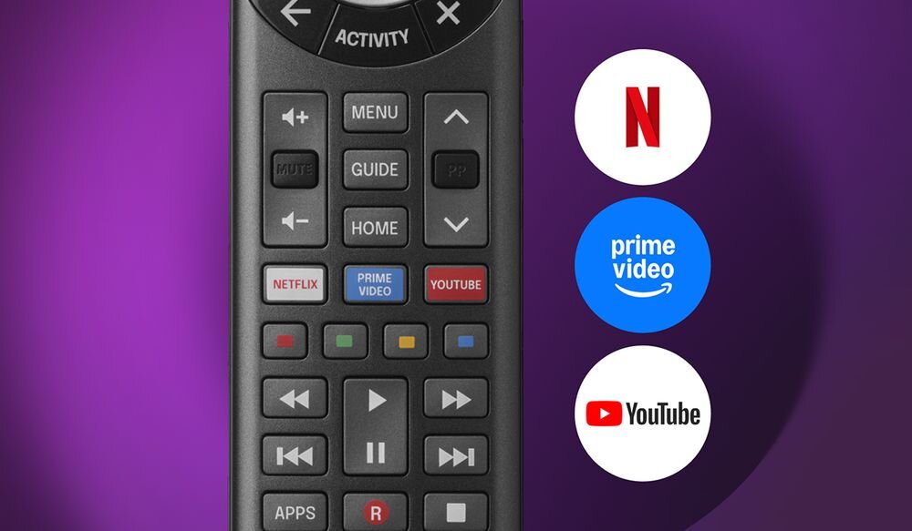 ONE FOR ALL Smart Control Pro 8 URC7981 trzy przyciski skrótów Netflix Amazon Prime YouTube, Dedykowane przyciski skrótów do serwisów streamingowych w pilocie One For All
