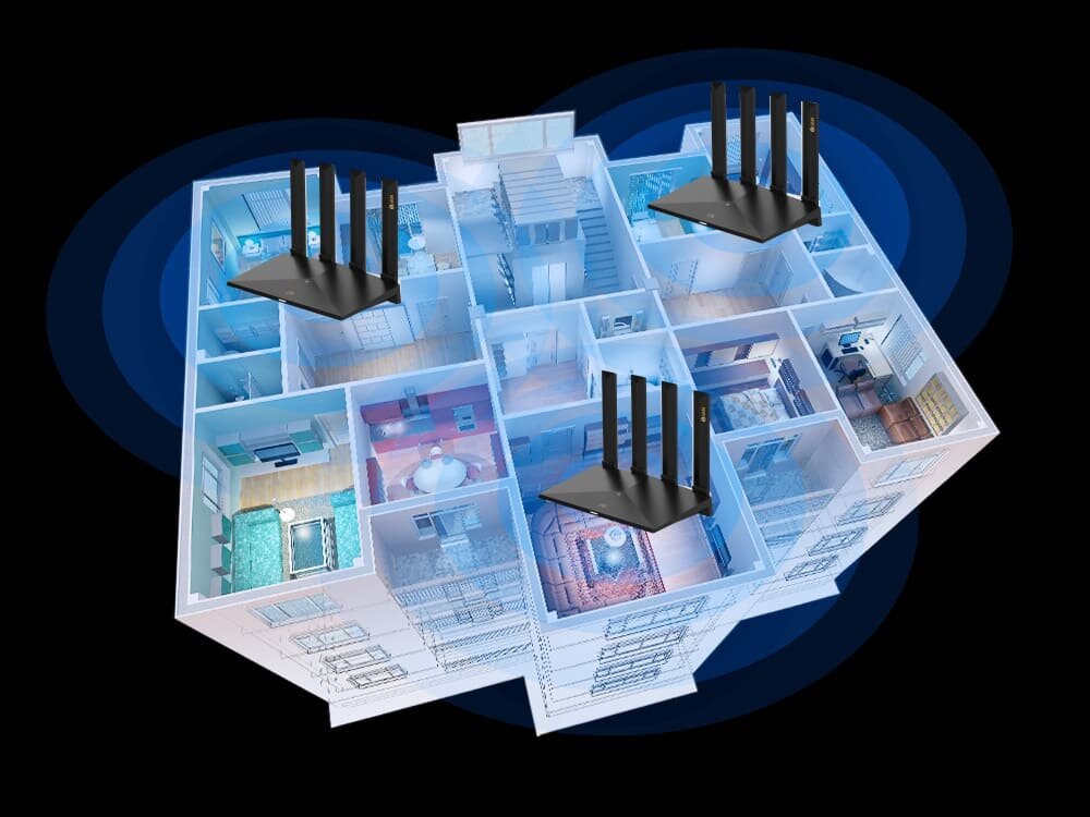 Router ZTE MC889 5G + Router ZTE T3000 IDU Trójwymiarowy rzut nowoczesnego mieszkania z trzema routerami, które emitują niebieskie fale sygnału. Obraz ilustruje działanie funkcji Easy Mesh zapewniającej szerokie pokrycie sieci Wi-Fi w całym domu.
