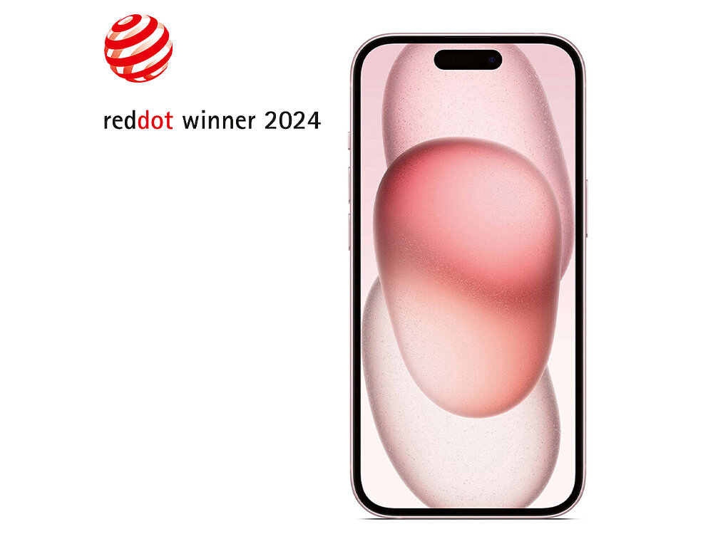 Na obrazie widoczny jest smartfon z wyświetlaczem przedstawiającym abstrakcyjne, różowe kształty. Obok znajduje się logo z napisem \'reddot winner 2024\'.