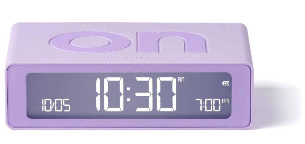 Budzik LEXON Flip Mini liliowy, dotyk, LCD, jasność, przyciski, Budzik Lexon Flip Mini w grafitowej wersji, ekran z białym podświetleniem, widok z przodu.