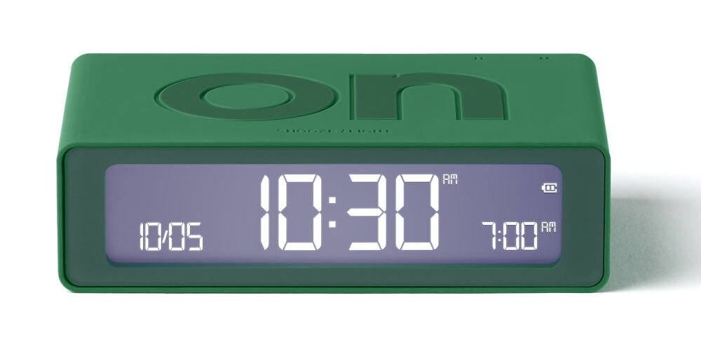 Budzik LEXON Flip Mini zielony, dotyk, LCD, jasność, przyciski, Budzik Lexon Flip Mini w grafitowej wersji, ekran z białym podświetleniem, widok z przodu.