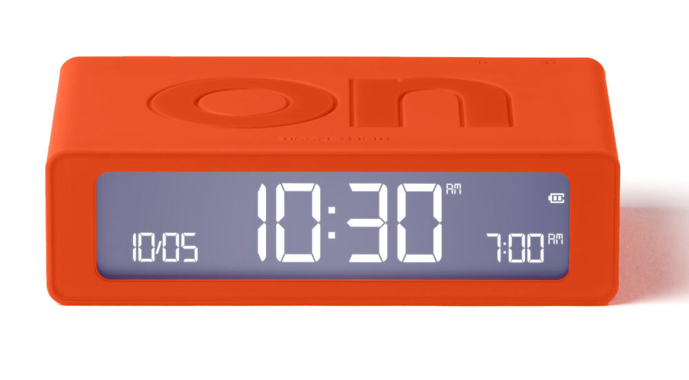 Budzik LEXON Flip Mini pomarańczowy, dotyk, LCD, jasność, przyciski, Budzik Lexon Flip Mini w grafitowej wersji, ekran z białym podświetleniem, widok z przodu.