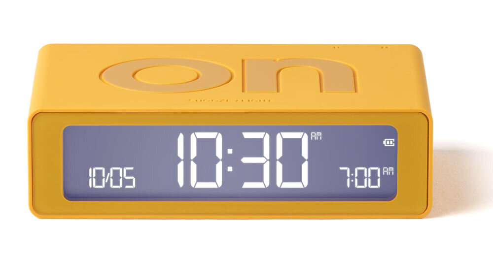 Budzik LEXON Flip Mini żółty, dotyk, LCD, jasność, przyciski, Budzik Lexon Flip Mini w grafitowej wersji, ekran z białym podświetleniem, widok z przodu.