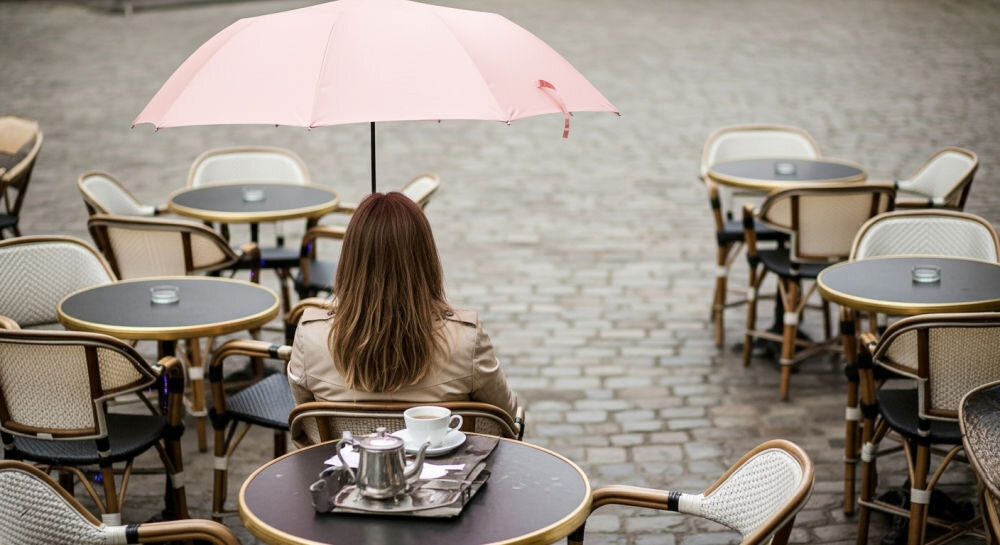 Parasolka LEXON Mini Hook LU21LP jasnoróżowy, ergonomia, forma, deszcz, pogoda, kobieta z parasolką w dłoni, kobieta trzyma parasolkę w dłoni siedząc przy stoliku na zewnątrz placu