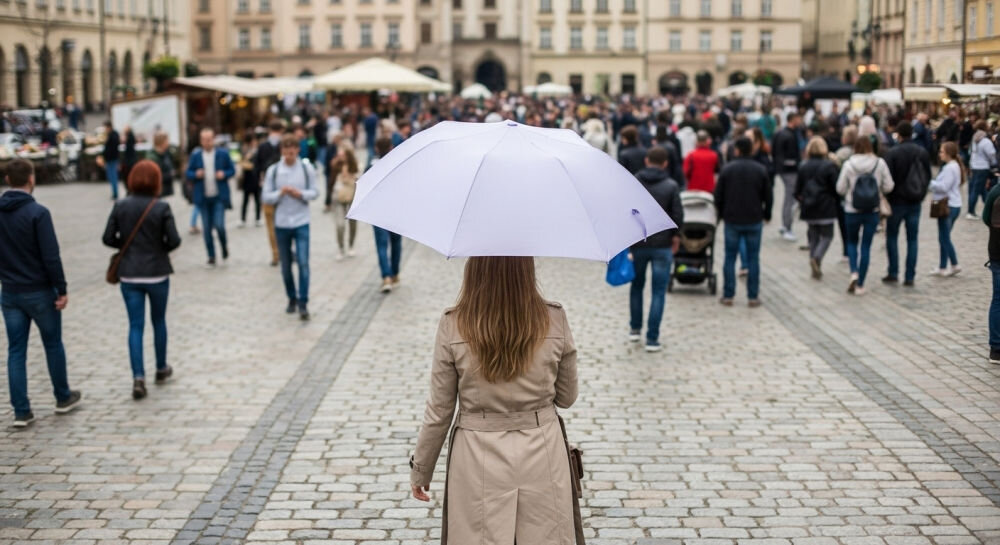 Parasolka LEXON Mini Hook LU21LL Jasnofioletowy, ergonomia, forma, deszcz, pogoda, kobieta z parasolką w dłoni, przechadza się przez plac w tle tłum ludzi