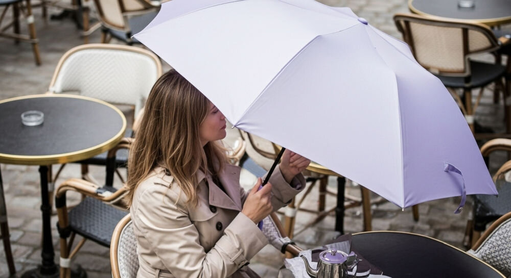 Parasolka LEXON Mini Hook LU21LL Jasnofioletowy, lekkość, funkcjonalność, ABS, aluminium, kobieta składa parasolkę siedząc na krześle przy restauracji