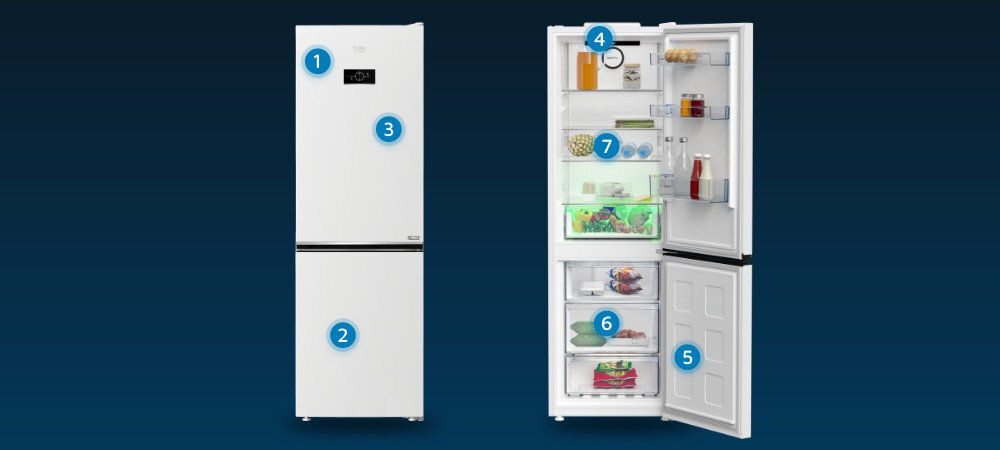 LODÓWKA BEKO B3RCNA364HW wizualizacja wnętrze wyposażenie punkty cechy Wyświetlacz elektroniczny Minimalistyczny design test wytrzymałościowy Oświetlenie LED Alarm dźwiękowy szuflady mrożenia półka na butelki