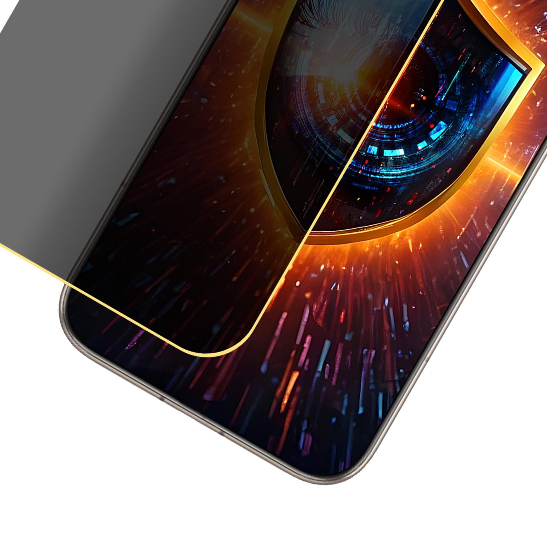 Obraz przedstawia smartfon z nałożoną matową folią ochronną, która częściowo zasłania ekran. Na ekranie widoczna jest grafika z motywem tarczy i kolorowymi efektami świetlnymi.