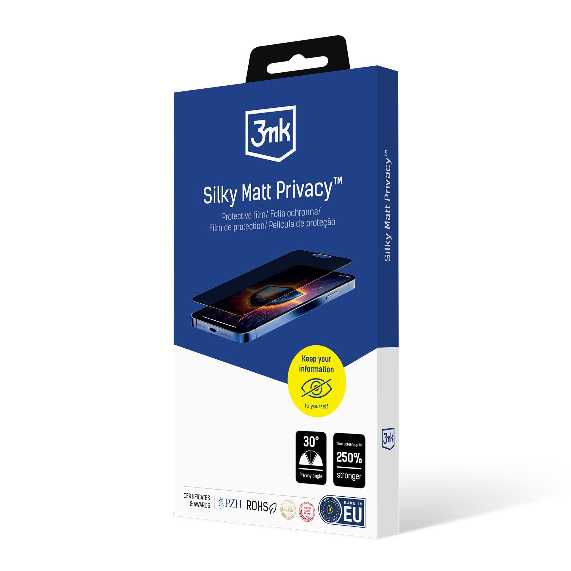 Opakowanie produktu 3mk Silky Matt Privacy z grafiką telefonu i tekstem: \'Protective film/Folia ochronna/Film de protection/Película de protección\'. Widoczne są również ikony i napisy dotyczące kąta prywatności 30° oraz wzmocnienia o 250%.