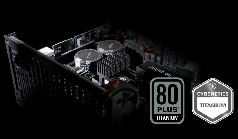 Zasilacz BE QUIET Dark Power 14 Zbliżenie na wnętrze zasilacza z wyeksponowanymi kondensatorami i radiatorami oraz symbolami certyfikatów '80 Plus Titanium' i 'Cybenetics Titanium', certyfikaty, sprawność