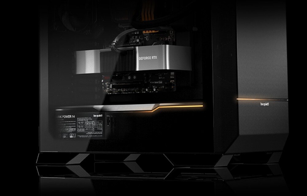 Zasilacz BE QUIET Dark Power 14 Zasilacz zamontowany wewnątrz komputera z widoczną kartą graficzną oznaczoną napisem 'GeForce RTX', standardy, zgodność