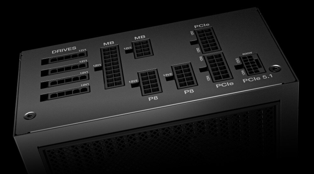 Zasilacz BE QUIET Dark Power 14 Panel zasilacza z widocznymi gniazdami modularnymi oznaczonymi jako 'DRIVES', 'MB', 'P8', 'PCIe' i 'PCIe 5.1', modułowe okablowanie
