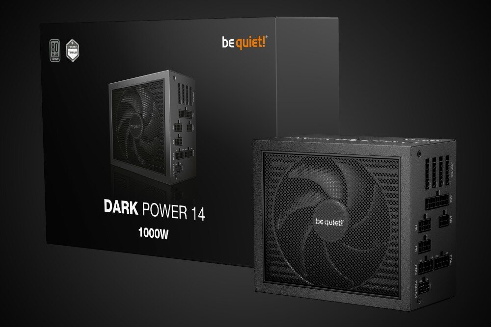Zasilacz BE QUIET Dark Power 14 Zasilacz komputerowy stojący obok swojego opakowania z widocznym napisem 'Dark Power 14 1000W' i logo producenta na czarnym tle, opis