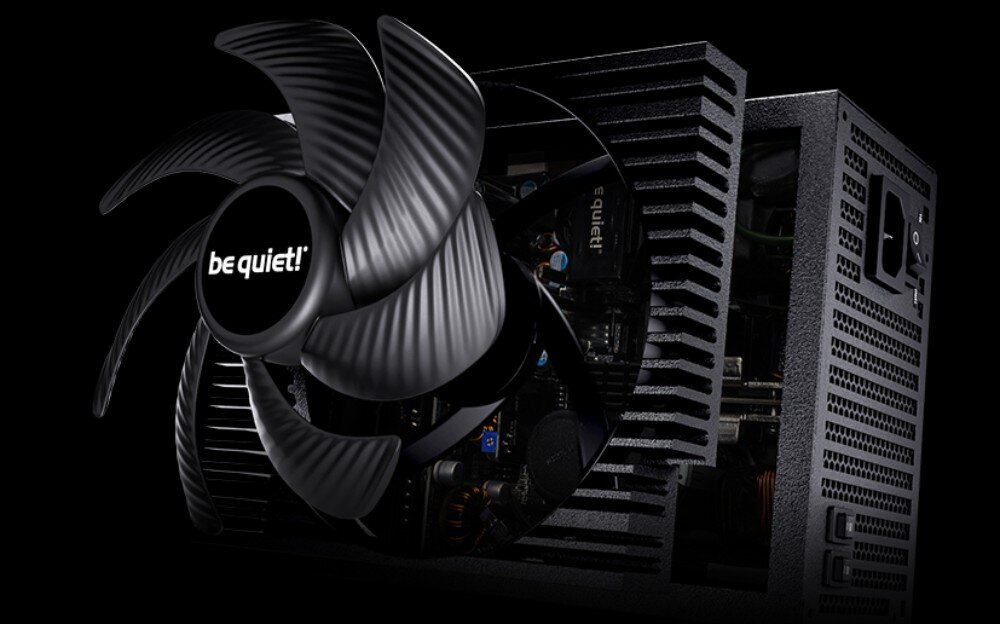 Zasilacz BE QUIET Dark Power 14 Wizualizacja wentylatora wyjętego z obudowy zasilacza z widocznymi żebrowanymi krawędziami radiatora i elementami wnętrza, radiator, wentylator