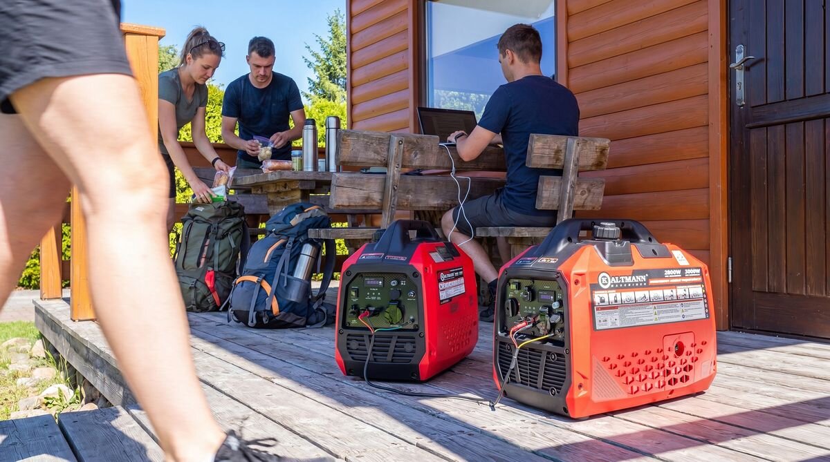 Agregat prądotwórczy KALTMANN K-GINV2000I-K1, 2000 W, inwerter, czysta sinusoida, stabilność, Praca i pakowanie na tarasie obok dwóch agregatów.