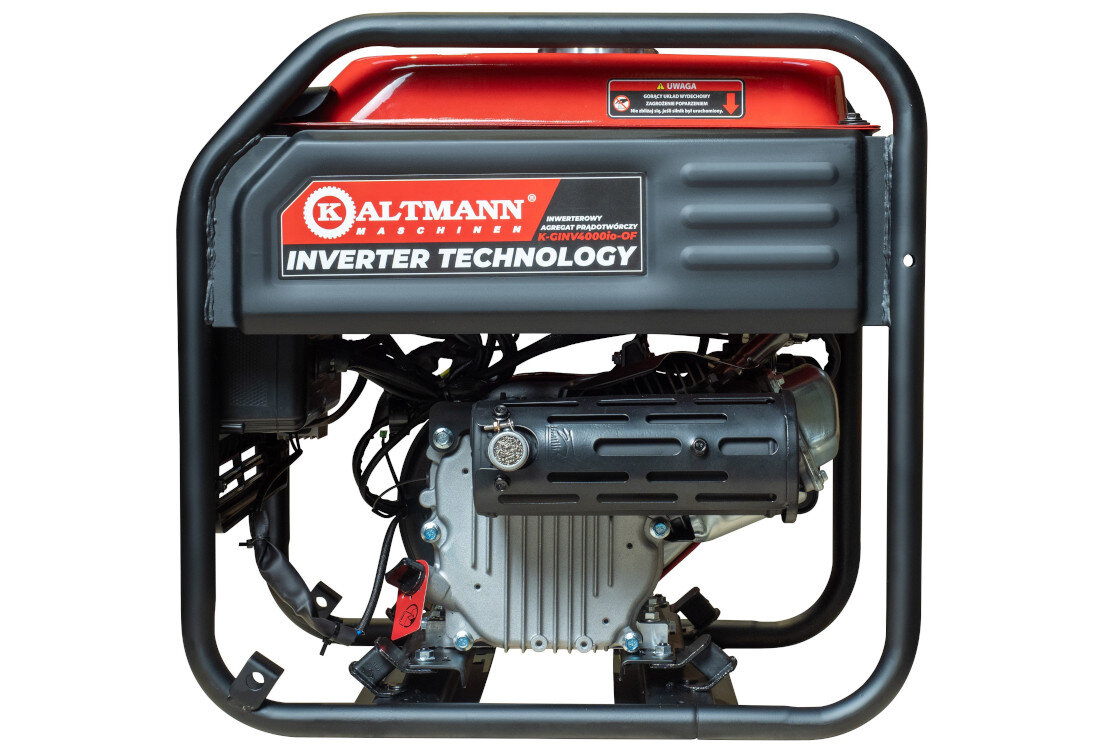 Na obrazie widoczny jest agregat prądotwórczy z napisem \'KALTMANN INVERTER TECHNOLOGY\'. Urządzenie ma metalową ramę i widoczny silnik.