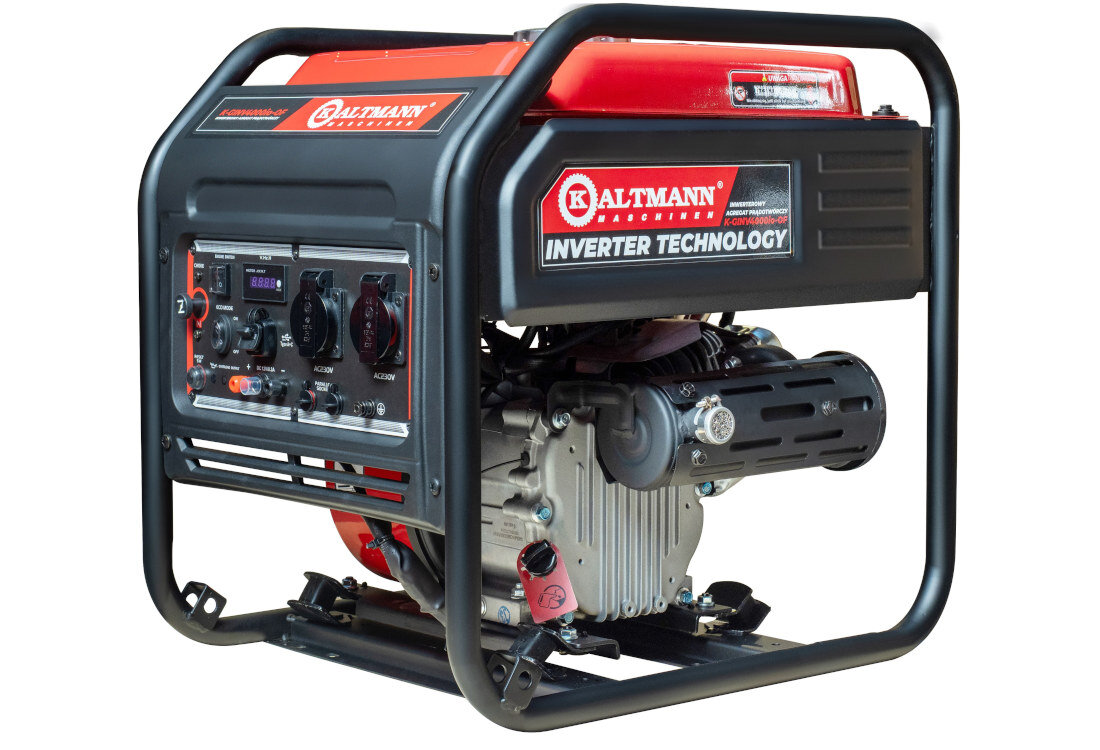 Agregat prądotwórczy z widocznym logo \'KALTMANN INVERTER TECHNOLOGY\' na obudowie. Urządzenie ma metalową ramę i panel sterowania z kilkoma pokrętłami i gniazdami.