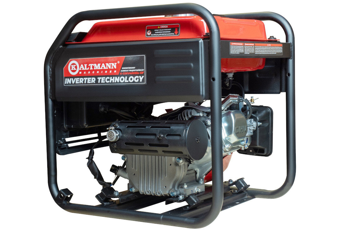 Na obrazie widoczny jest agregat prądotwórczy z czerwonym panelem i czarną ramą ochronną. Na urządzeniu znajduje się logo \'KALTMANN INVERTER TECHNOLOGY\'.